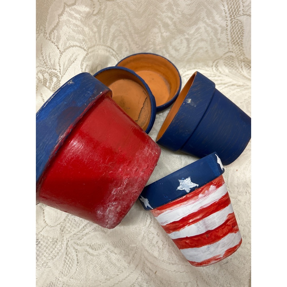 Vintage Americana Hand Painted Terracotta Planter Set Rustic Shabby Chic July 4